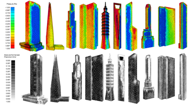 Machine learning prediction of wind-induced surface pressure on real cases: upper row, predicted pressure; lower row, prediction error (Wilkinson, 2013).