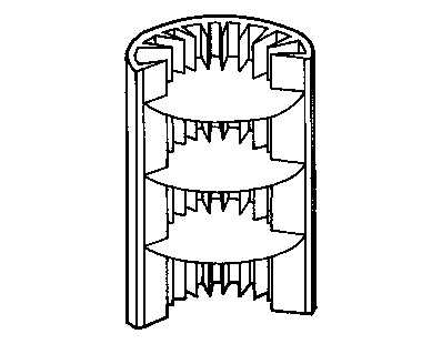 Fig 1 - diagram of a short section of hedgehog spine, cut open to reveal the internal structures. The internal ridges running straight up and down ("stringers") support the wall from buckling locally. The horizontal plates ("bulkheads") resist the change in shape of the tube when it collapses (shown in Fig 2)