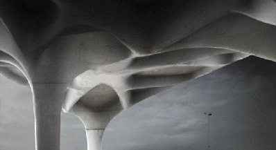 Unikabeton by Per Dombernowsky and Asbjorn Sondergaard using topology optimisation to shape a continuously differentiated pavilion.