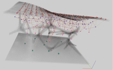 Particle spring network forming within a voxel model describing a segment of a wall structure.