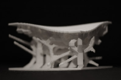 The particle spring network and the underlying design materialised as a voxel model and printed using selective laser sintering