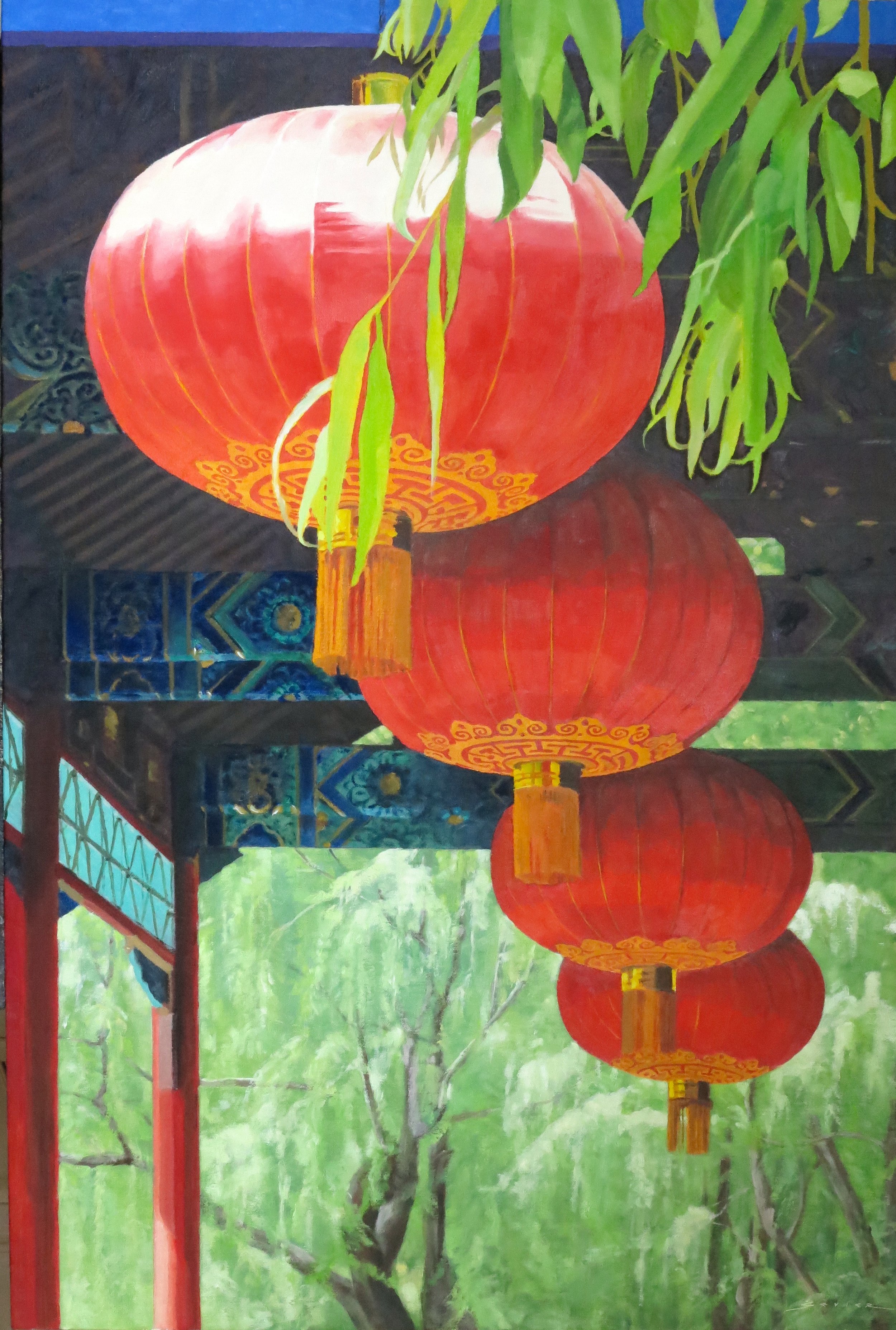  Red Lanterns of Jinan, 36 x 24, oil 