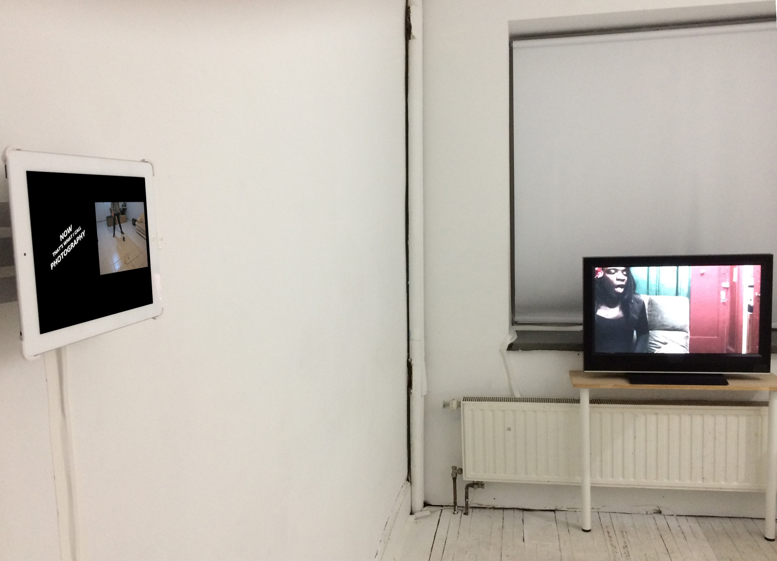 Installation view of Andrea Arrubla (L) and Kalup Linzy (R). Image courtesy of Open Projects. 