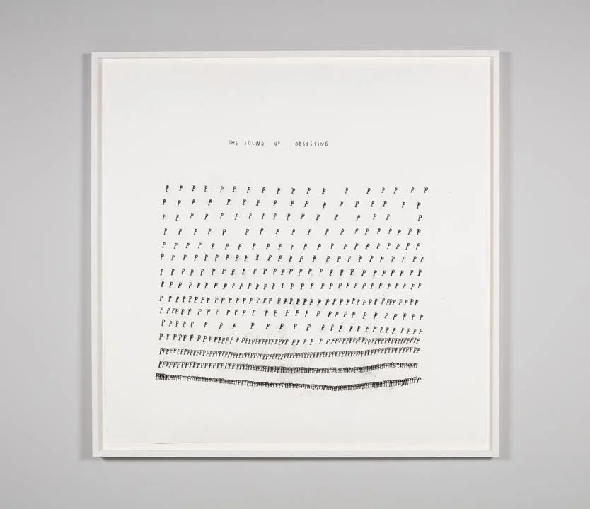 Christine Sun Kim, The Sound of Obsessing (2017), charcoal on paper, 125x125cm, part of the "Sound of Non-Sounds" series she exhibited at the Rubin Museum's group exhibition "The World is Sound." Photo: Rubin Museum and David de Armas 