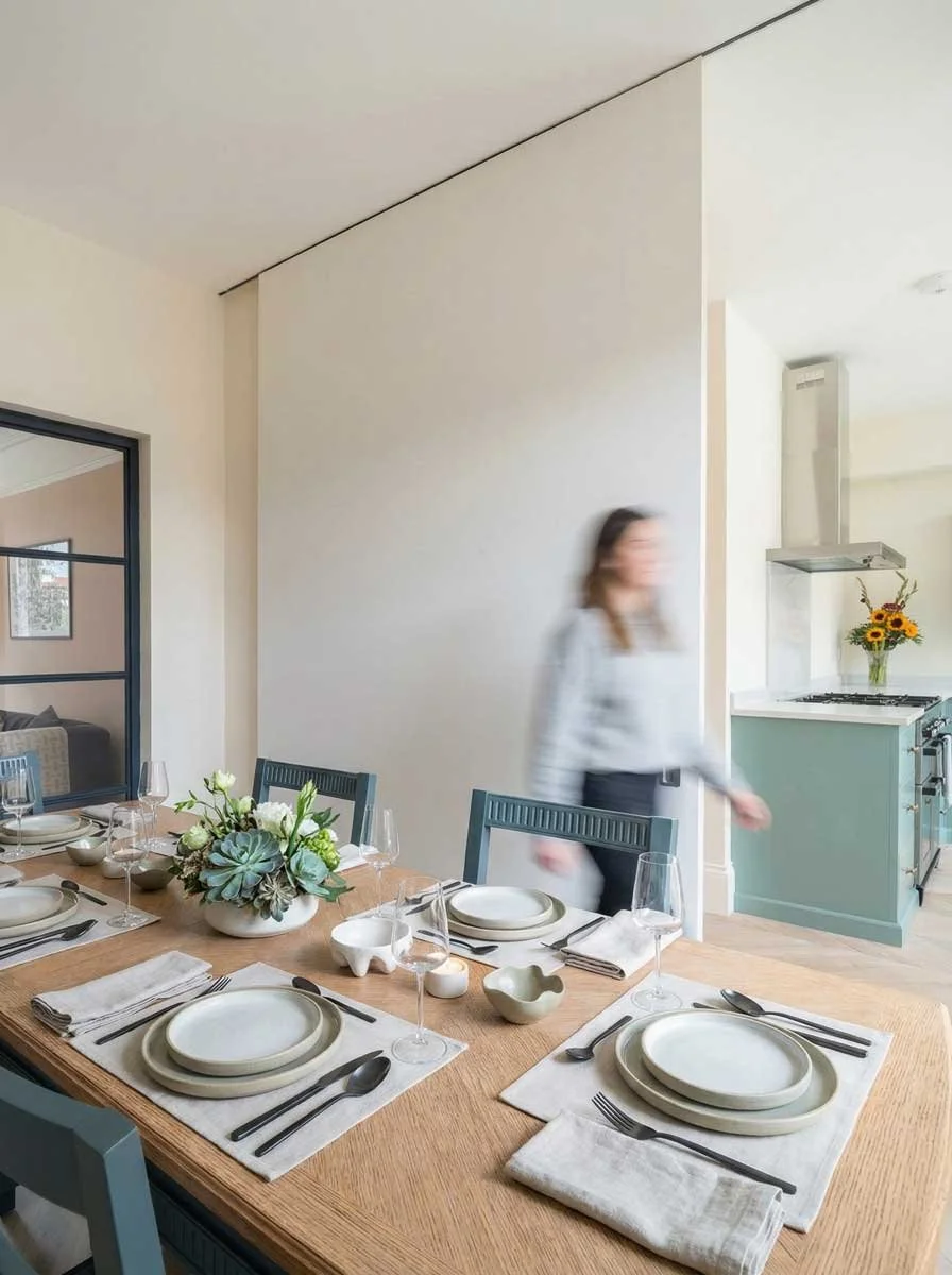 Dining and kitchen area at Lordship Lane, with glazed steel doors open to the living room, showing the circular flow through the ground floor.