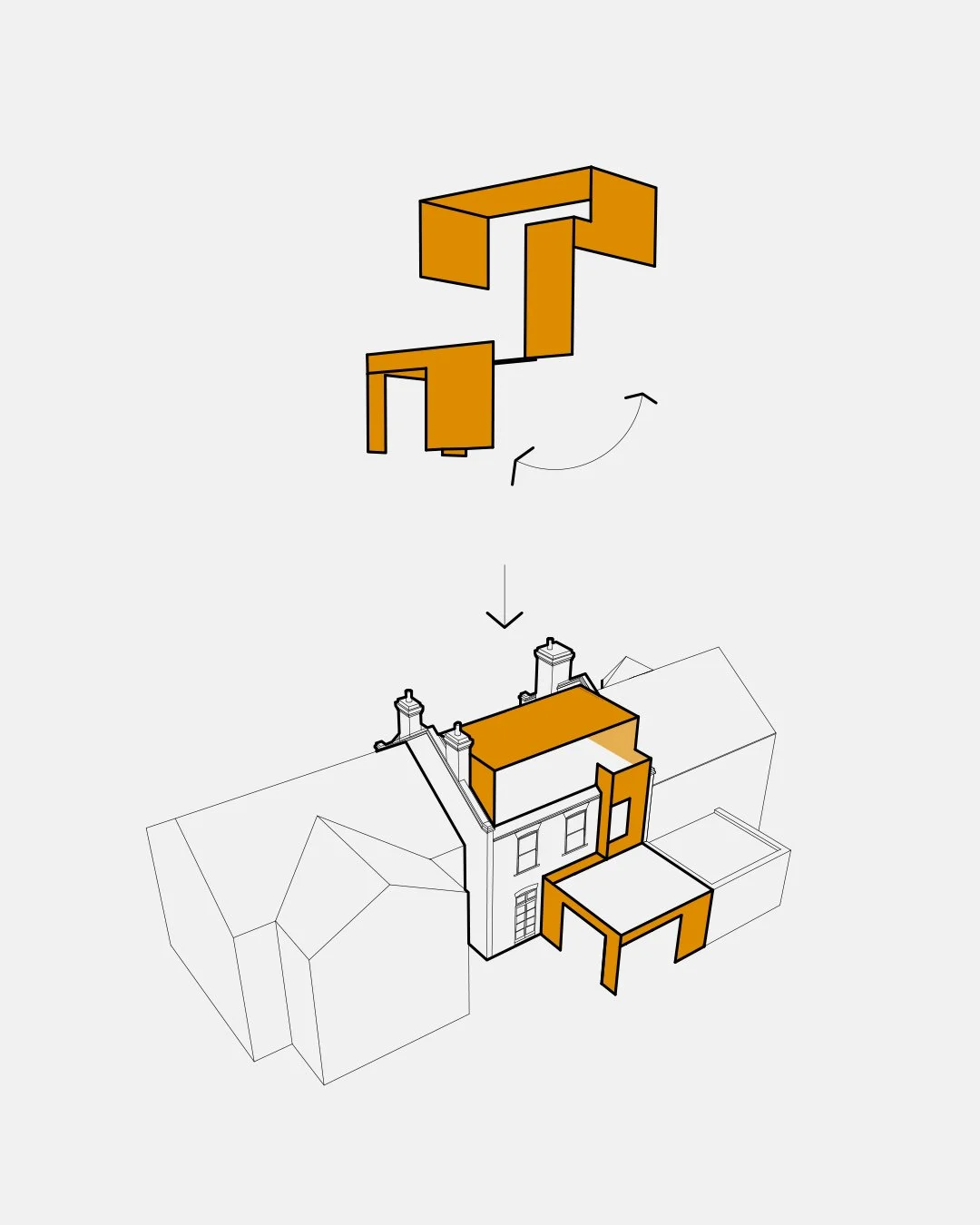 Concept diagram showing the roof, first-floor and ground-floor extensions at Lordship Lane folded into one continuous Corten ribbon.