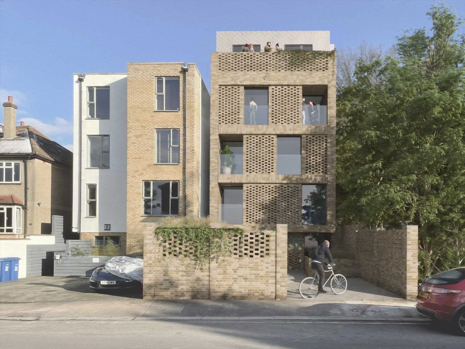 Hit and miss brickwork screen to balconies of apartment block by Lendel Stephens Architects