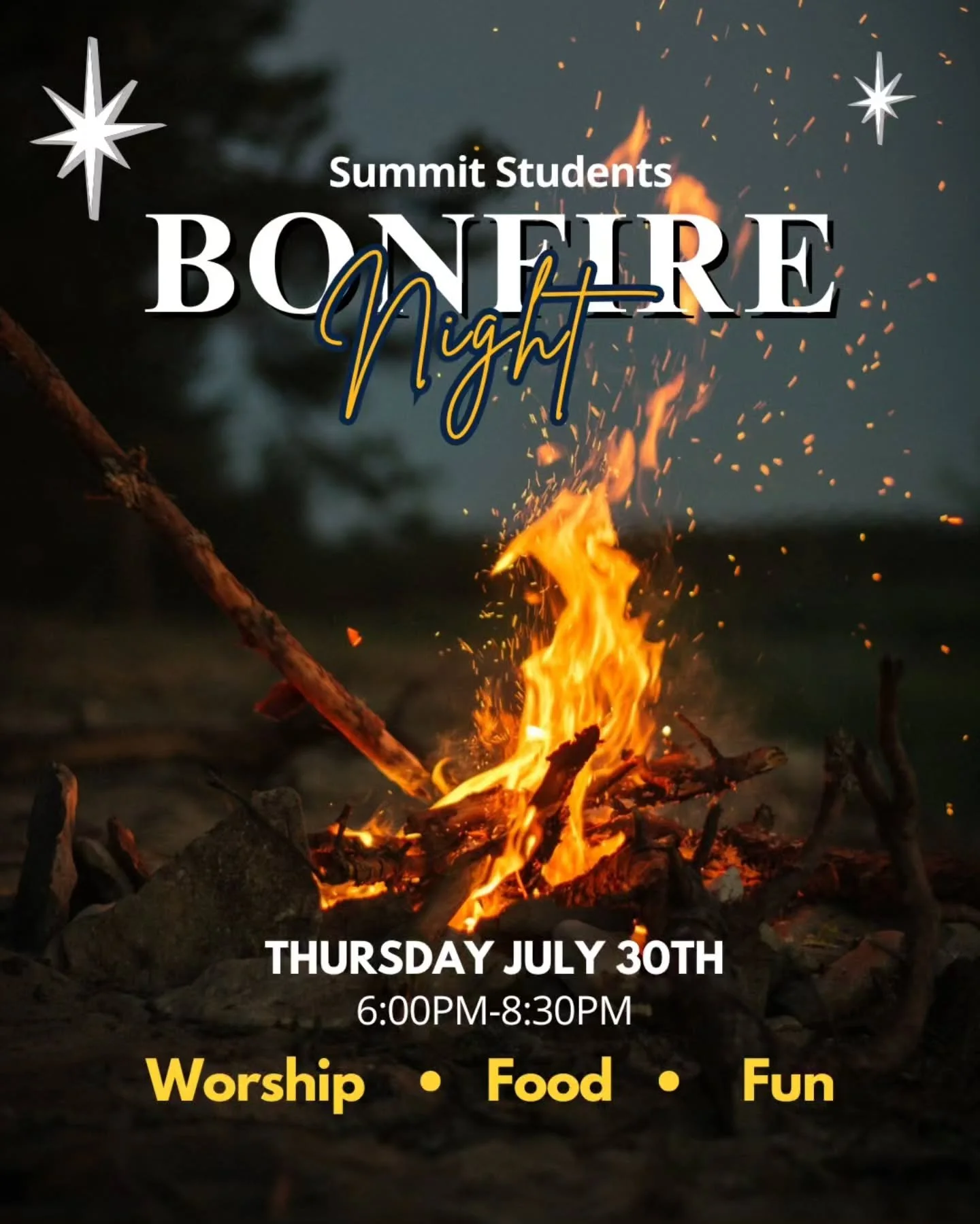 Summit Students Family,

We want to give our students a special opportunity to celebrate what God did for us at summer camp this year! We'll have a bonfire and food, and we'll focus on student testimonies. DM us for Location.

Additionally, we have s