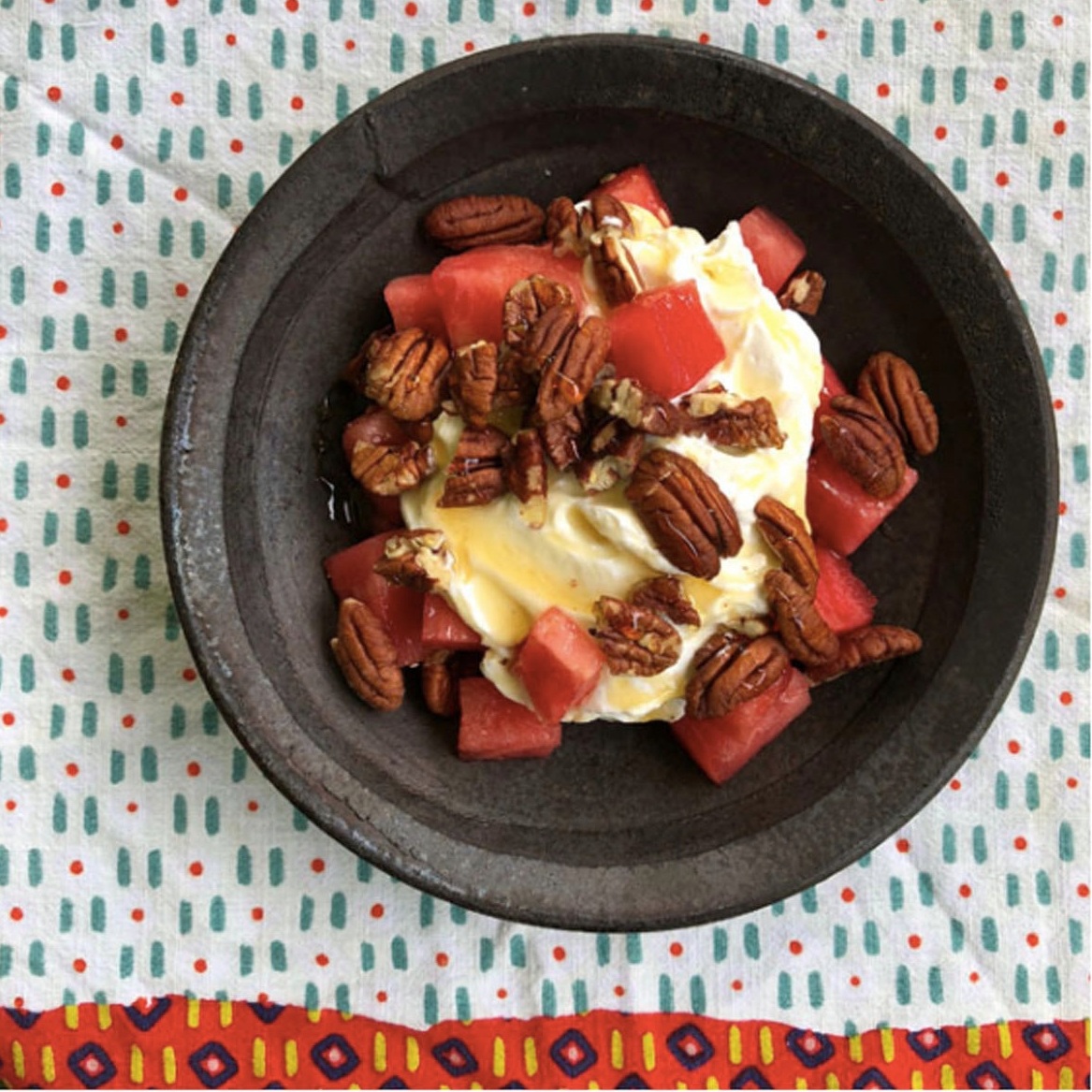 SUMMER WATERMELON! A few of may favorite ways to eat it include: — Watermelon with plain greek yogurt, pecans, and honey — Watermelon with feta, fresh basil, balsamic reduction (or glaze, and olive oil