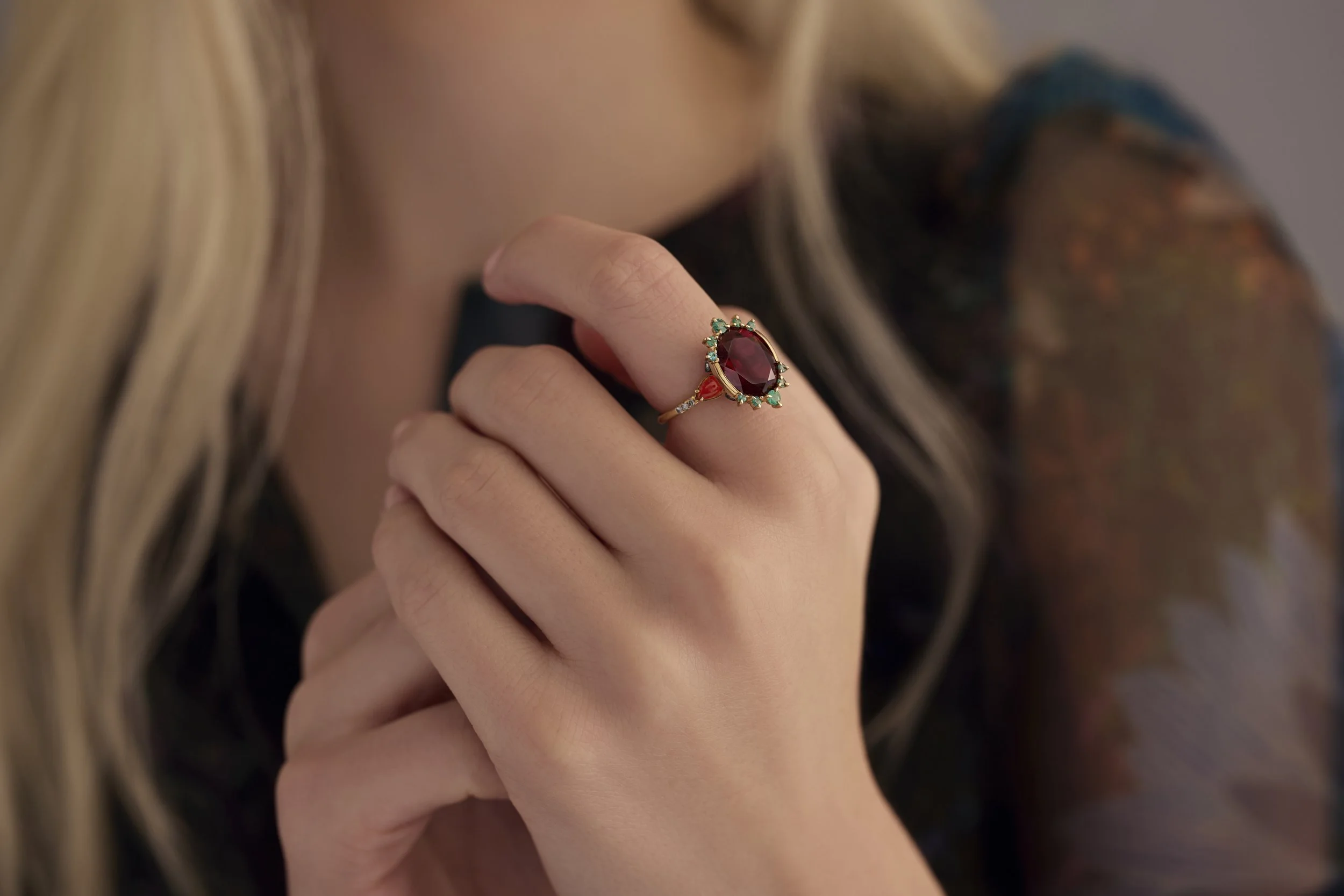 Garnet Cocktail Ring on Model