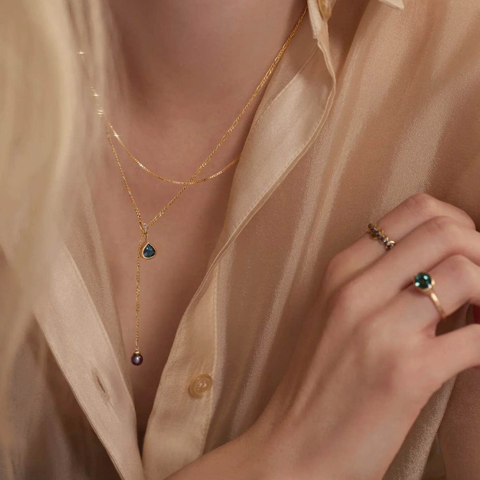 Tourmaline and Pearl Necklace on Model