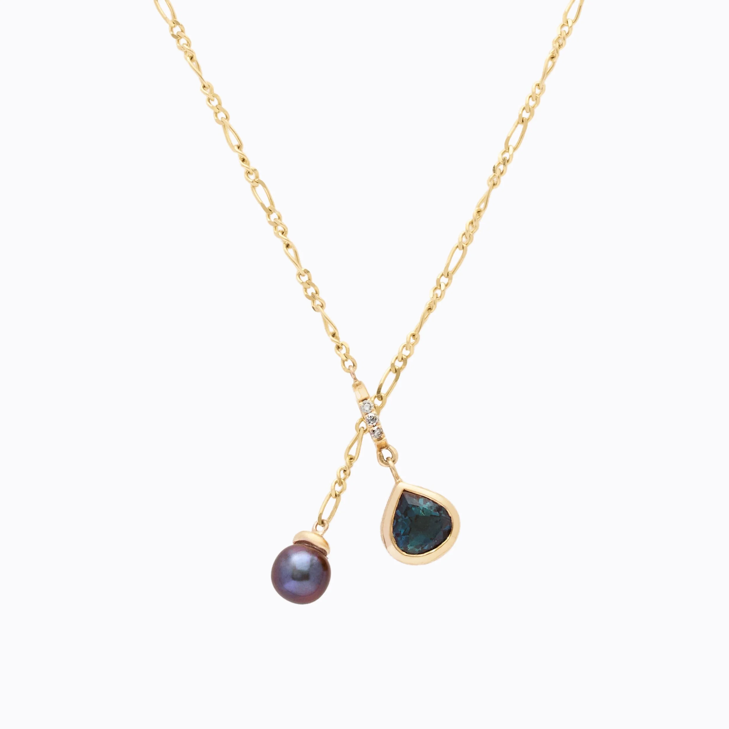 KOHI: Tourmaline, Pearl and Diamond Lariat Necklace
