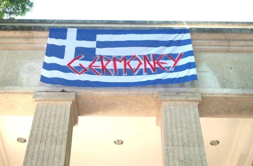 “GERMONEY” banner at the German Pavilion, 56th Venice Biennale./Photo: Hito Steyerl