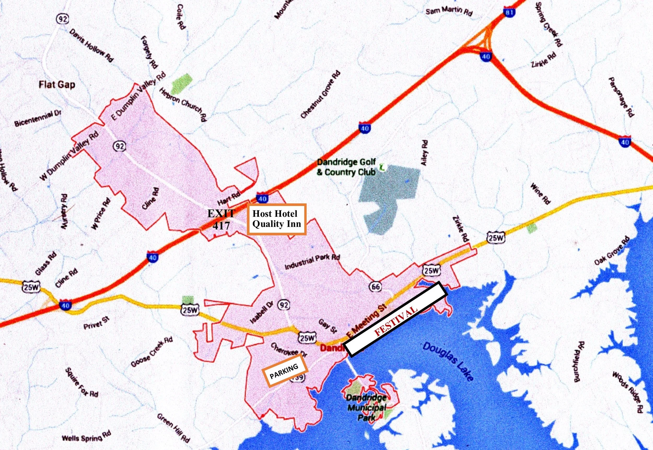 From I-40, Exit 417 (middle left) or from I-40, Exit 24, on US25-W (far right)