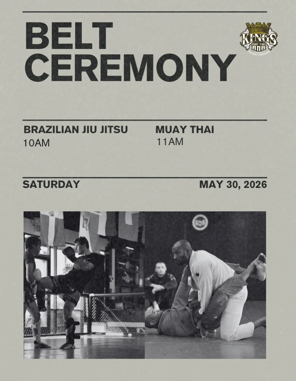 DOUBLE Belt Ceremony! 

United as one. Muay Thai and Jiu Jitsu belt ceremony followed by Brazilian BBQ! 

10AM Jiu Jitsu 
11AM Muay Thai

Sign up at the front desk!