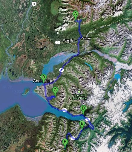A) Hatcher Pass, B) Anchorage, C) Chugach Front Range, D) Girdwood, E) Turnagain Pass, F) Summit Lake.