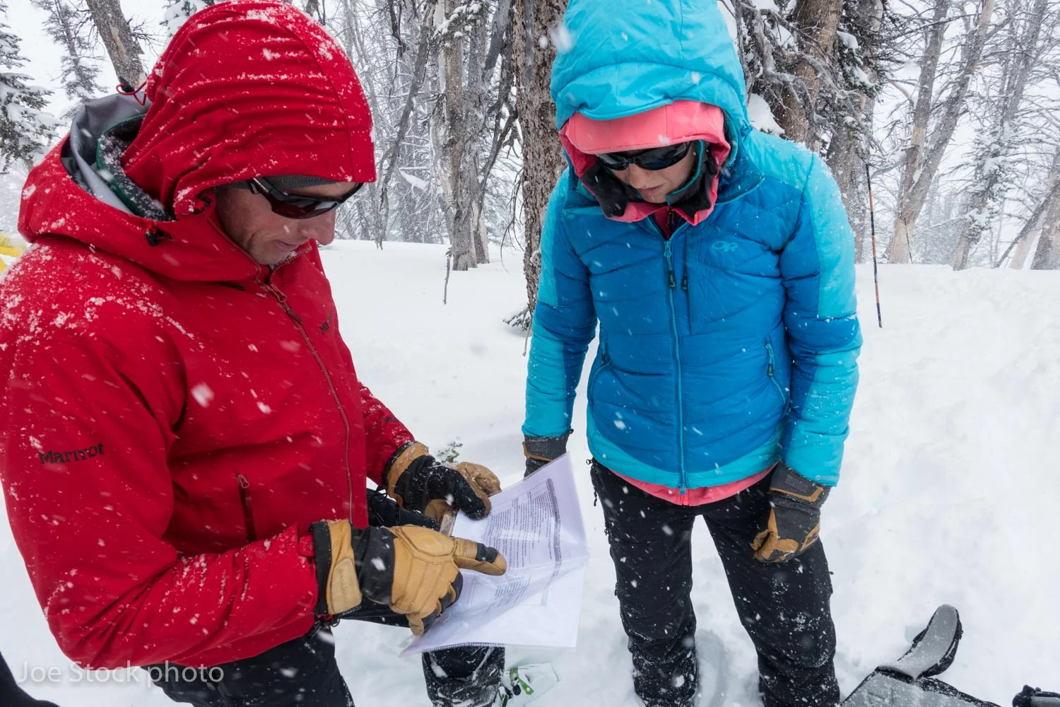 American Avalanche Institute owner Don Carpenter and IFMGA Mountain guide Erica Engle check the grading rubric for weather study plot observations during the AAA pro training course in Jackson