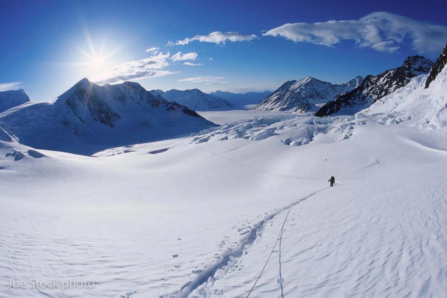 Skinning up the east branch of the Matanuska Glacier from the Scandinavian Peaks hut after the storm. From the Matanuska Glacier to Valdez took us five big days.
