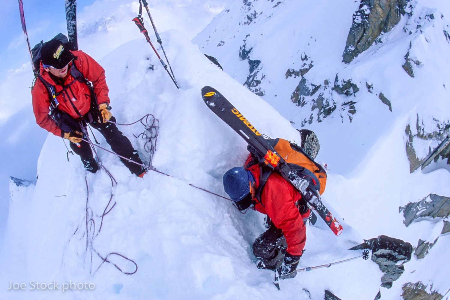 When the snow stabalized we headed for the 3,000-foot Gorilla Finger couloir. Here's Dylan belaying Andrew into the entrance. 