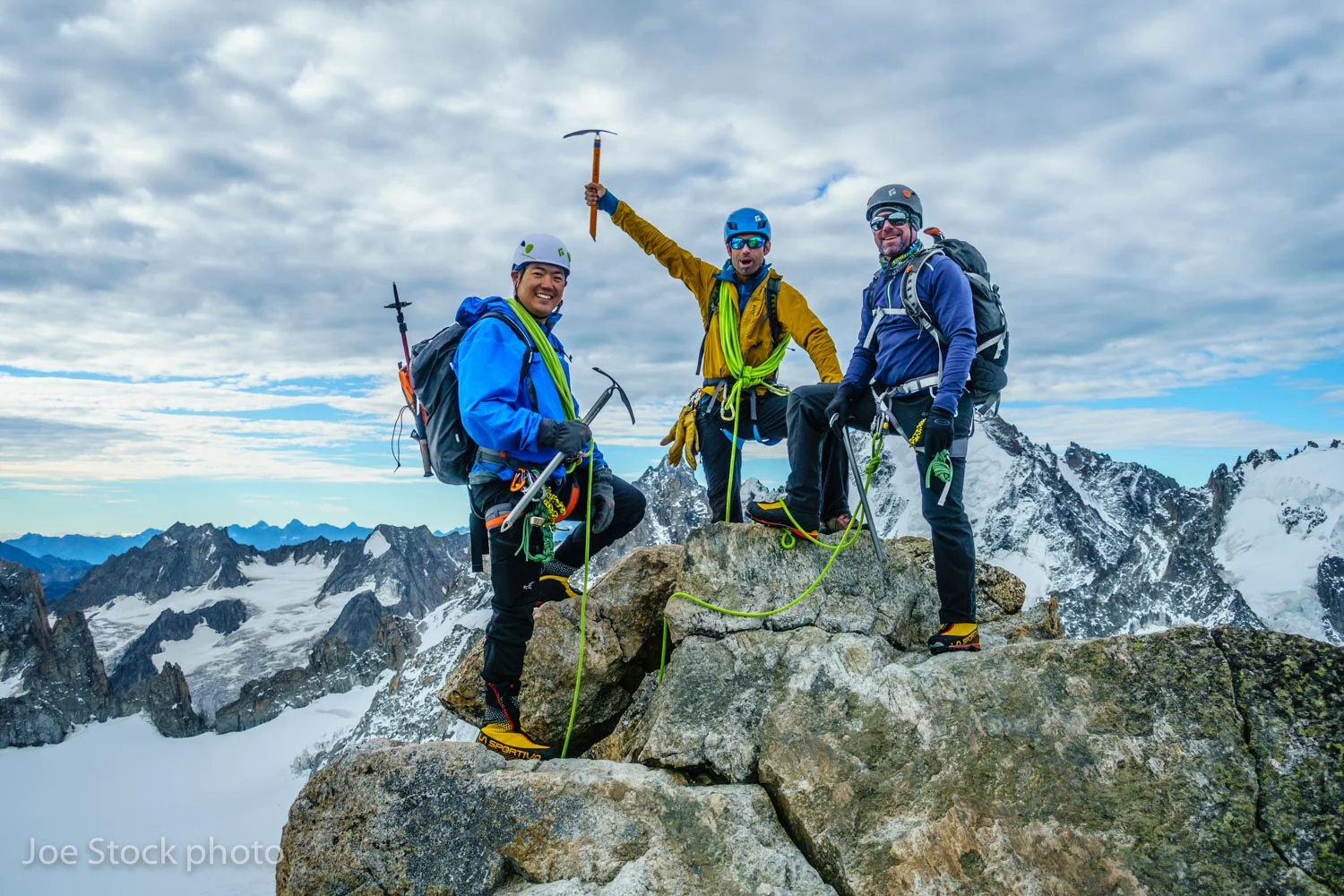 On the summit of Aiguille du Tour on the first Alps trip of the year with Abe Hsieh and Tom Collins. Abe and Tom are from Anchorage. This was part of a week-long mountaineering course . We battled some weather, but tagged a bunch of summits, skills and wine drinking at the huts.
