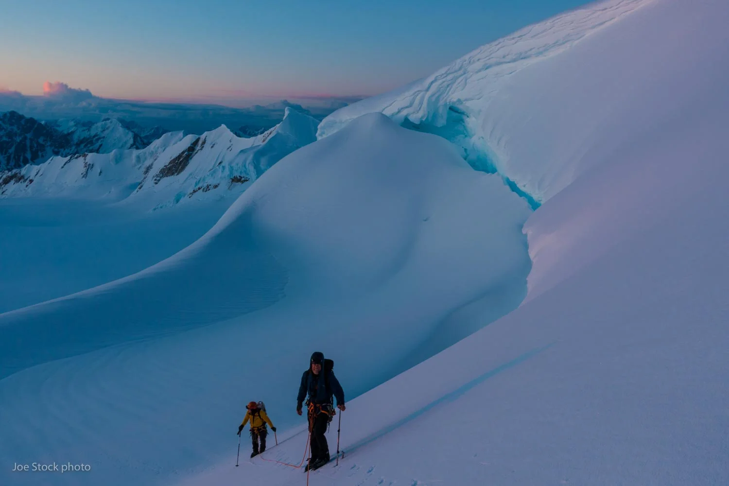 Paul and Glenn in the alpenglow at three in the morning on our final summit of the trip; a 10,100+ peak by Mount Russell.