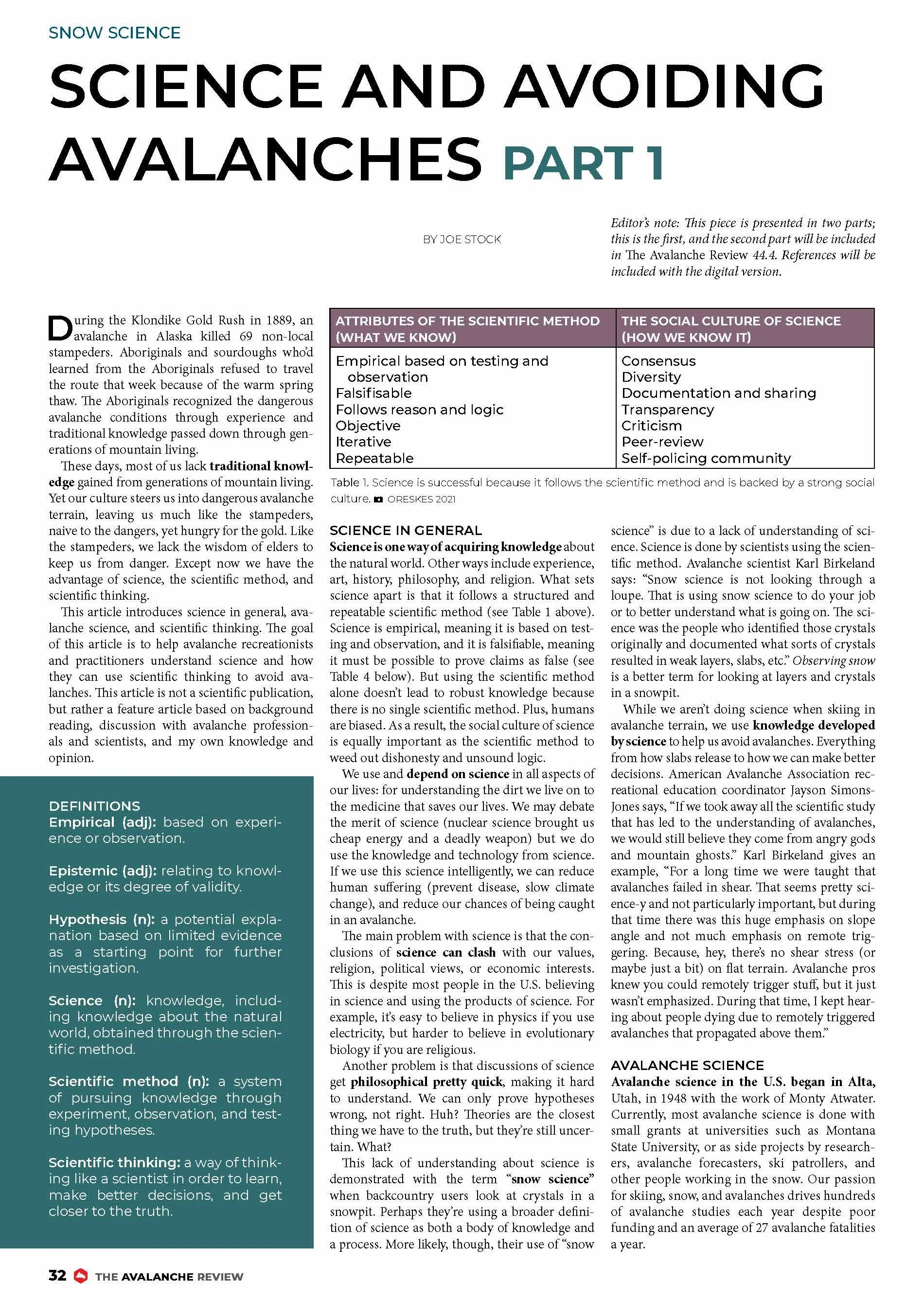 Science  and Avoiding Avalanches 