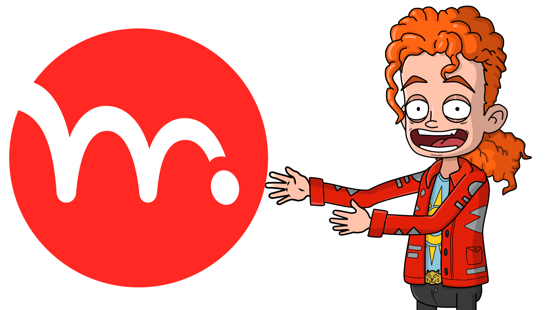 Cartoon red-haired character presenting a large red logo with a white lowercase "m"