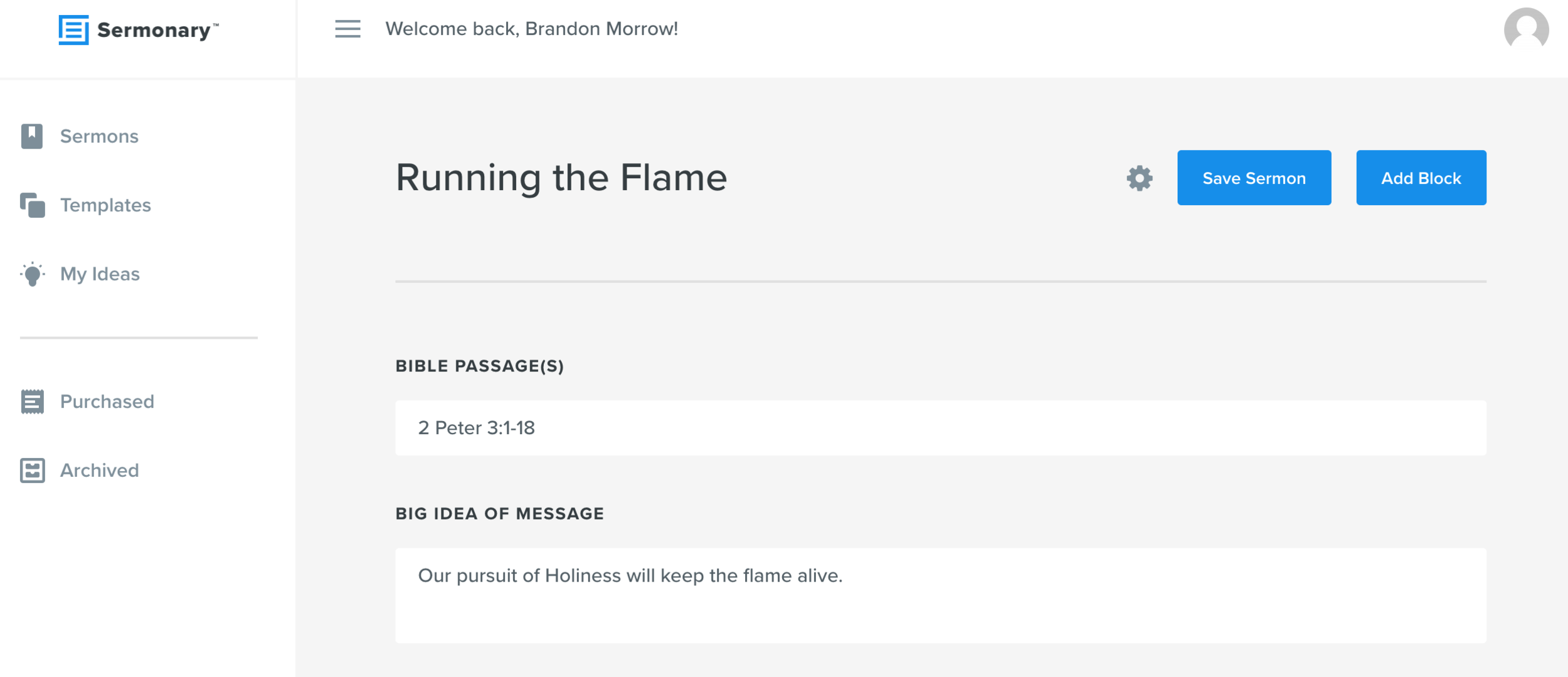 Here's the basic premise of what you're going to get with the Block Formatting. Here's a sermon I'm working on for this coming Sunday. This is just the "Basic" template with Block Formatting.