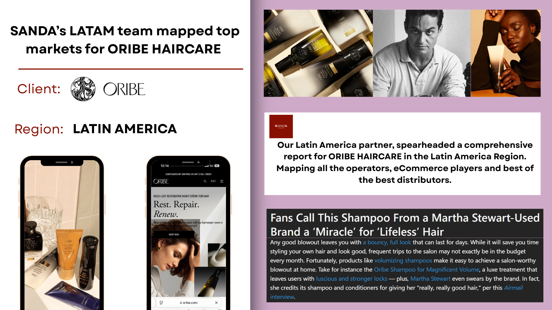 Collage of marketing material for ORIBE HAIRCARE showing product bottles, a grayscale portrait of a man, a woman holding a hair product, and a smartphone displaying the ORIBE website, with text about the LATIN AMERICA market and haircare products.