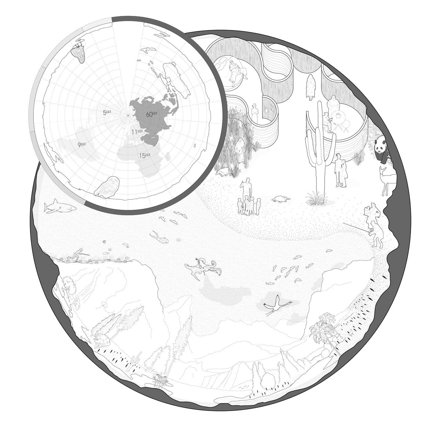 Speculative drawing exploring the question &quot;what would a world with only 100 people look like?&quot; 
This closed world uses circular forms, expansive landscapes, and diversity of life to make it feel bigger than it is.

#ubcsala #architecturest