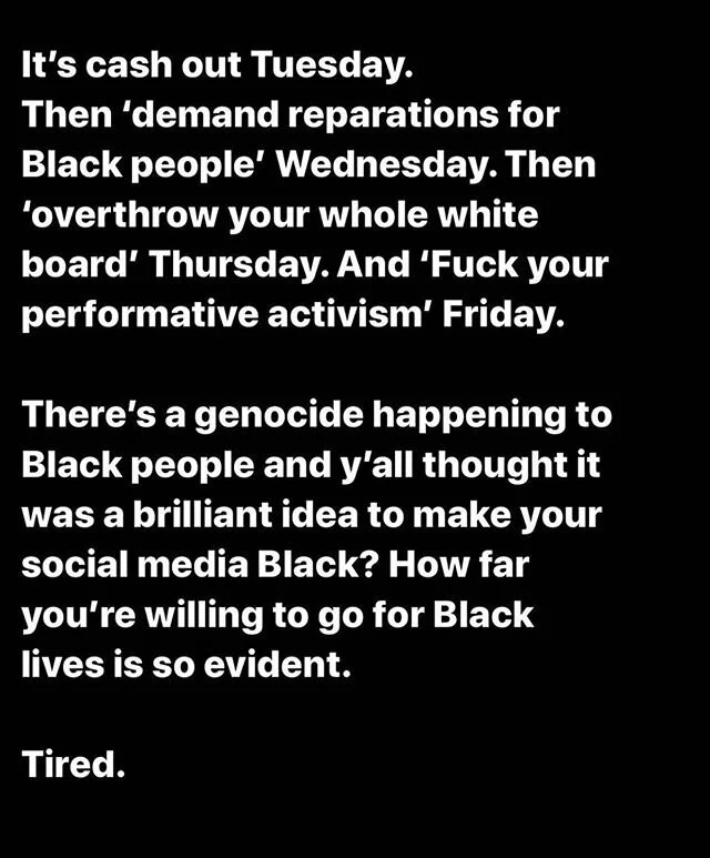 @ihartericka  REPOST - As quickly as I was to participate in #blackouttuesday, it is now, just as quickly, proven to be a movement without much weight. I won&rsquo;t delete my black box because part of learning is to admit my faults, my flaws, my sho
