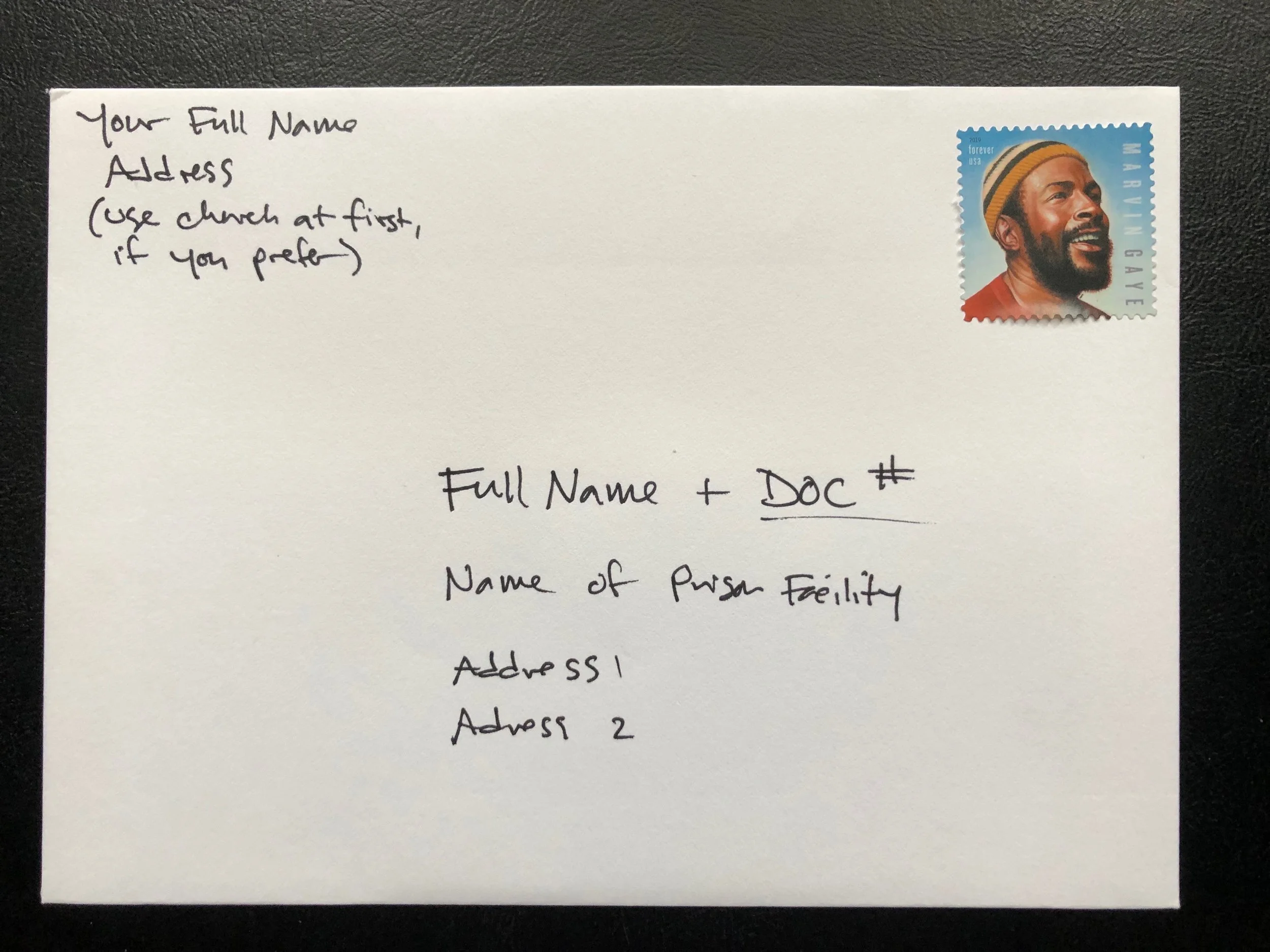Make sure you address your envelopes with their DOC number and your full name, on the front. Like this.