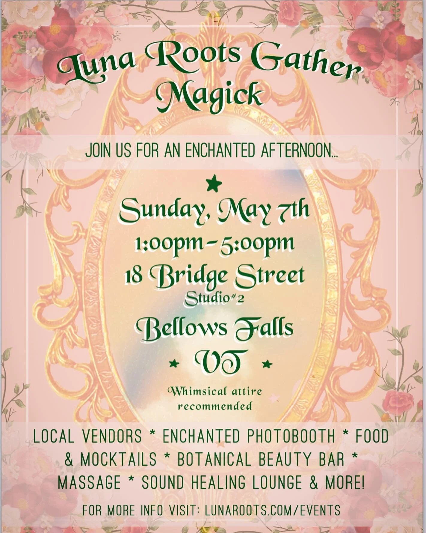 Our very first in house EVENT details!
.
.
LunaRoots Gather Magick✨
.
Join us at our Vermont beauty apothecary for an enchanted afternoon! Whimsical attire recommended🧚🏽&zwj;♂️
.
There will be nourishing food, snacks and Herbal mocktails, Enchanted
