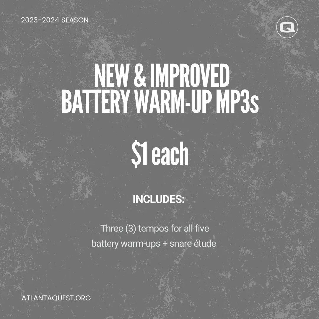 Attention all battery percussionists: 

Make sure you're getting the best audition prep possible by downloading our awesome, new warm-up MP3s. 

Each $1 purchase has three tempos for:

- Bappe Bappe
- FD Singles
- RedZone
- NDA
- CounterFlams OG + Ta