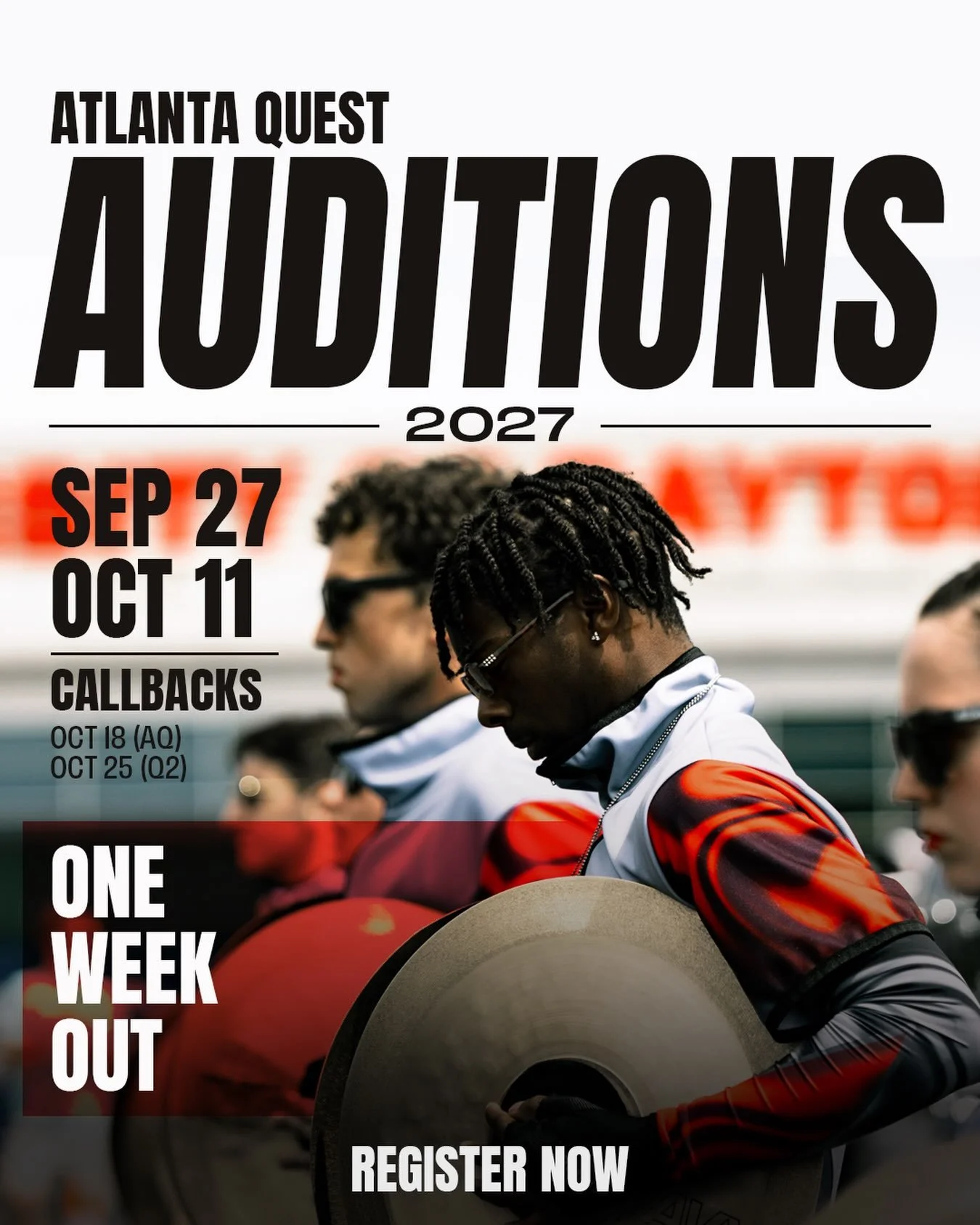 T-Minus SEVEN DAYS until auditions ⏳⌛️Visit our bio bio to sign up now and DM with any questions! 

#Auditions #AtlantaQuest #AQ27 #AQlife #WGI2027