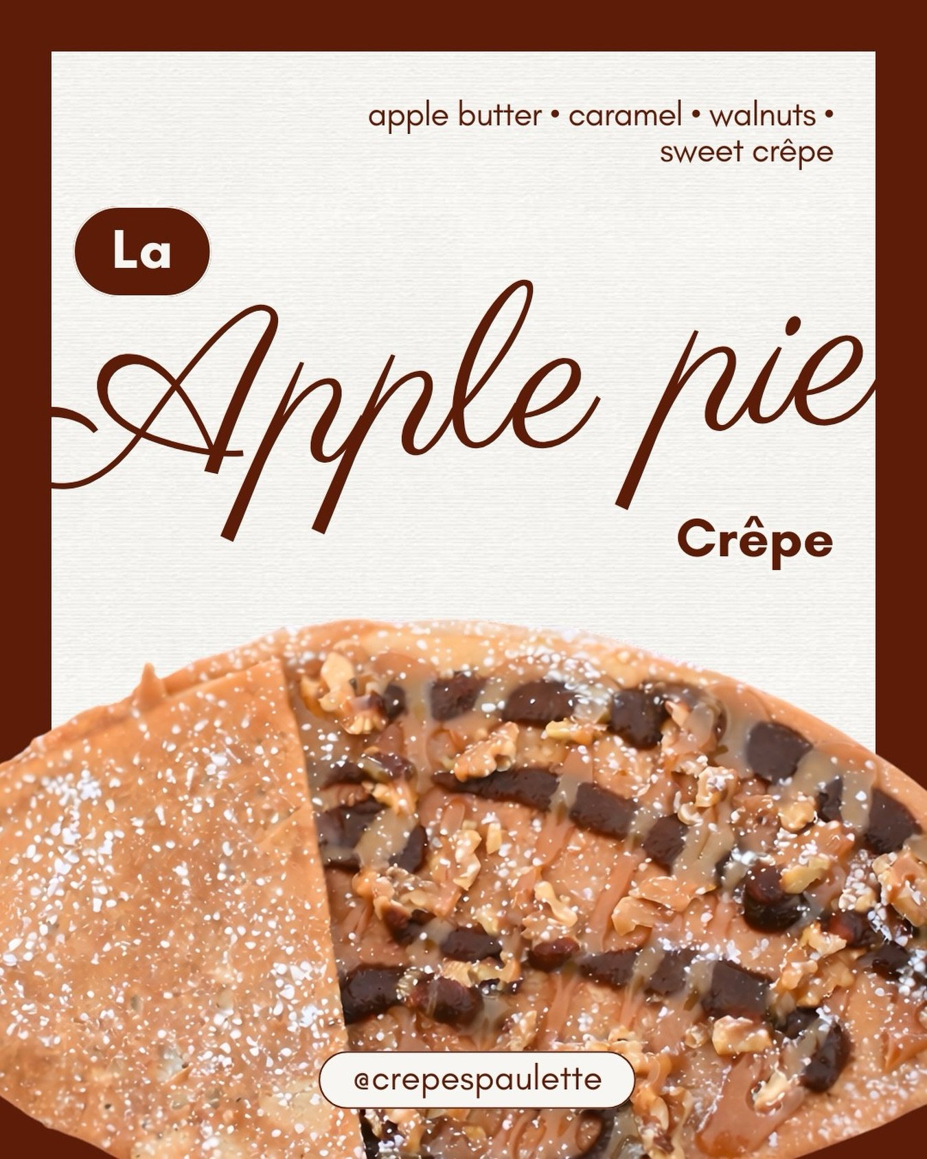 Cr&ecirc;pe Spotlight: La Apple Pie 🥧 🍎
Our French twist on this American classic wraps apple butter, walnuts and caramel into a fresh, warm, handheld treat with that fresh-out-of-the-oven feel

#crepespaulette
