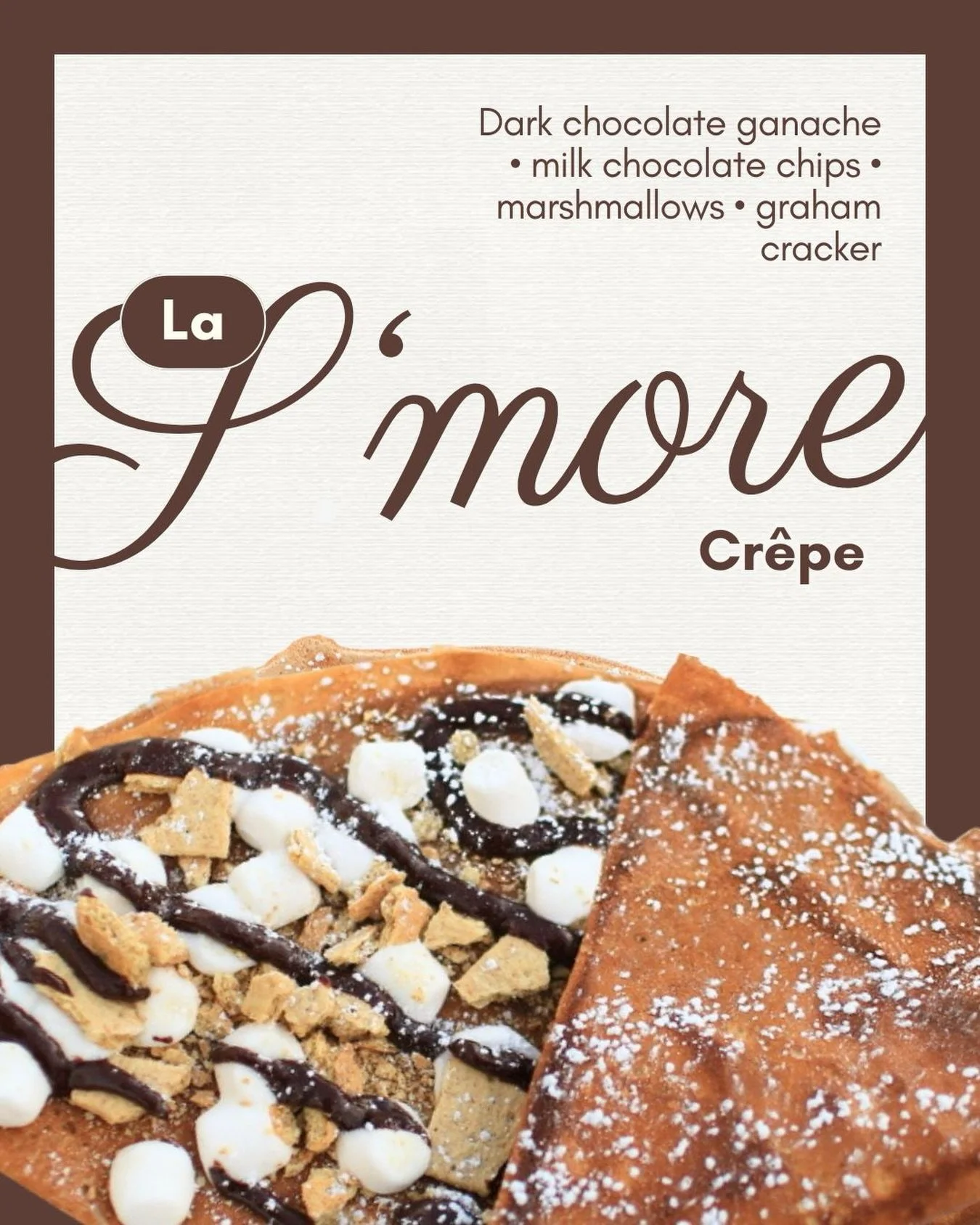 Cr&ecirc;pe Spotlight: La S&rsquo;more 🍫🔥
Campfire vibes without the smoke 🔥
La S&rsquo;more wraps chocolate ganache, graham crackers &amp; fluffy fluffy marshmallows into a handheld swirl of delight. 

#crepespaulette