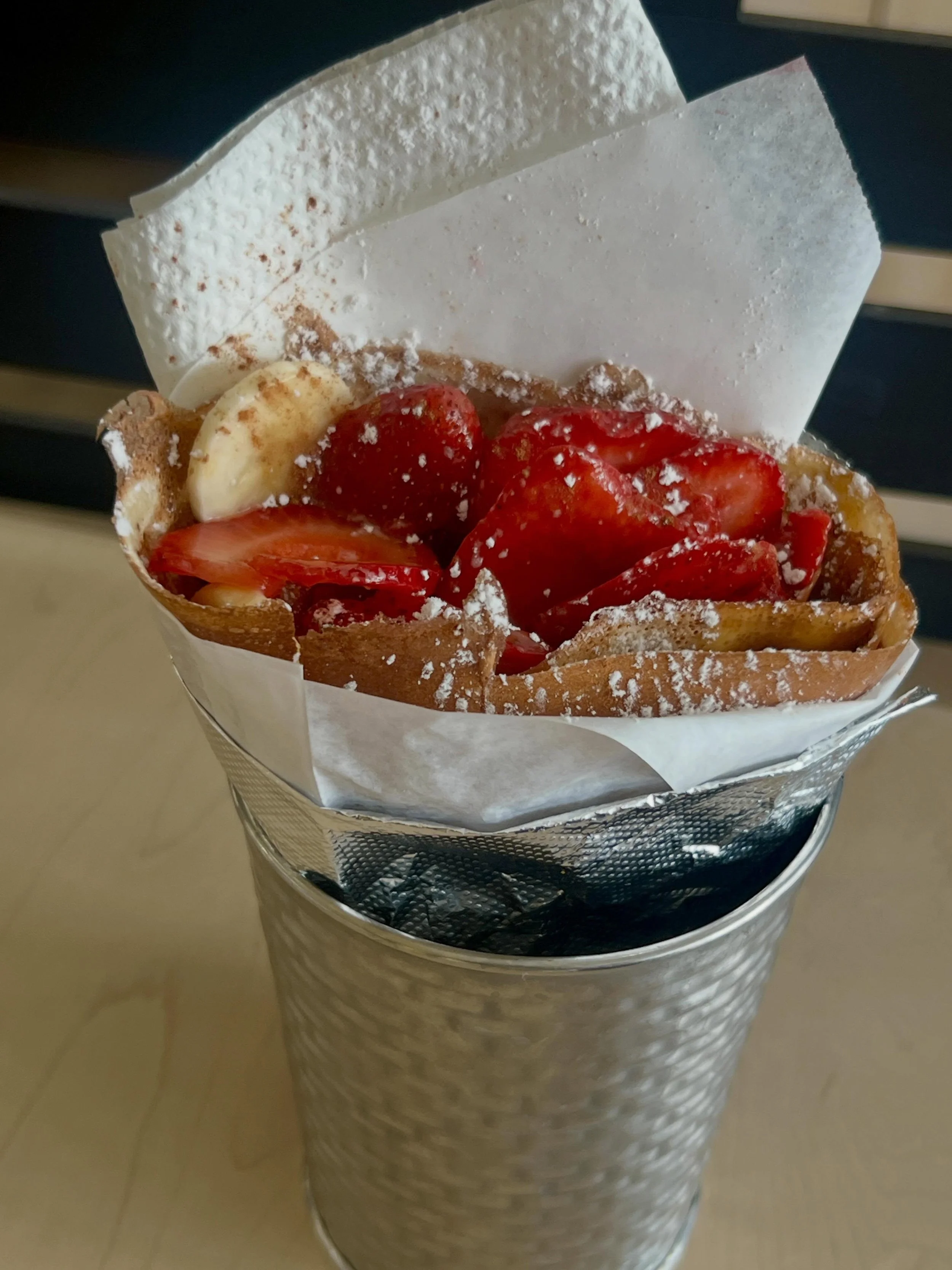 Introducing La Spectacular 🤩 We made this one for a reason. Can you guess it? 😉

Fresh strawberries, banana, caramel, pecans and cinnamon, all rolled into our buttery, crispy-soft sweet cr&ecirc;pe (available gf, too) 🍓
Drop your guess in the comm