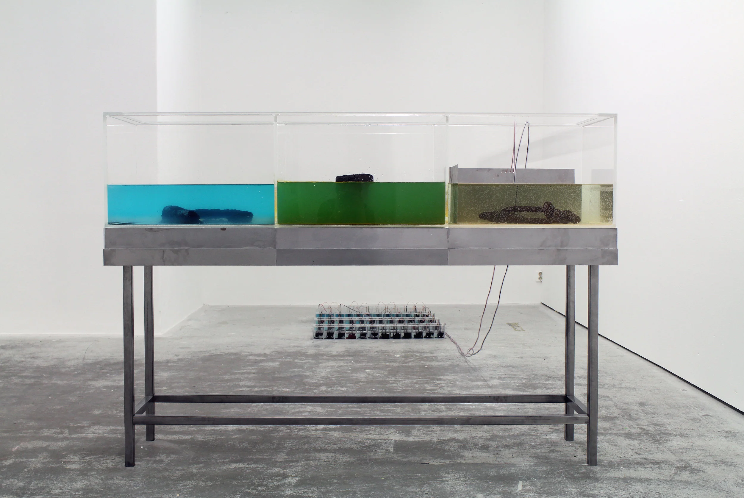 Time Machine for Abandoned Futures , industrial artifacts, zinc etching plates, copper etching plates, copper sulphate, soda ash, steel, plexiglas, wire, 2014.