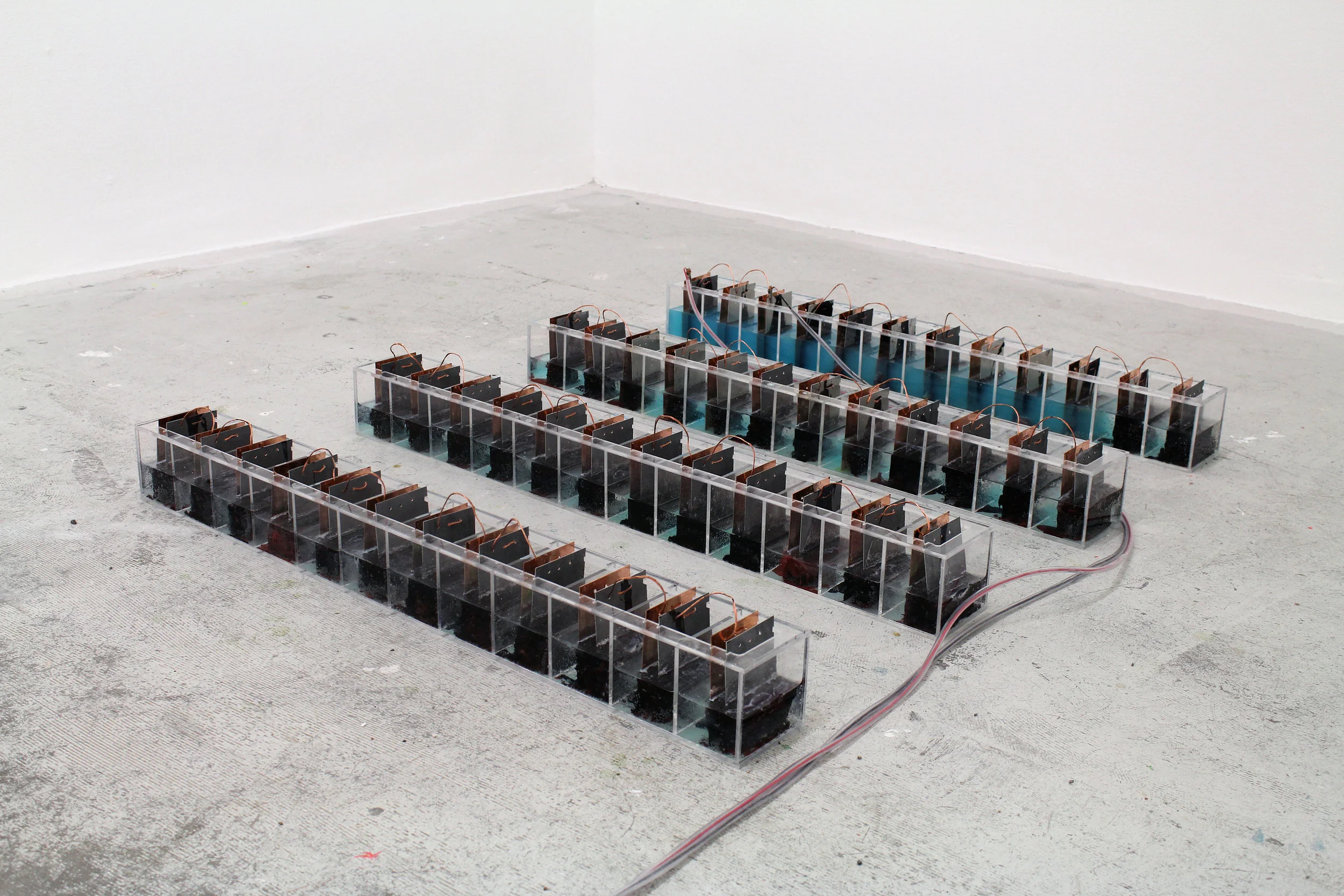 detail (battery): plexiglas, copper sulfate, copper plates, zinc plates, wire.