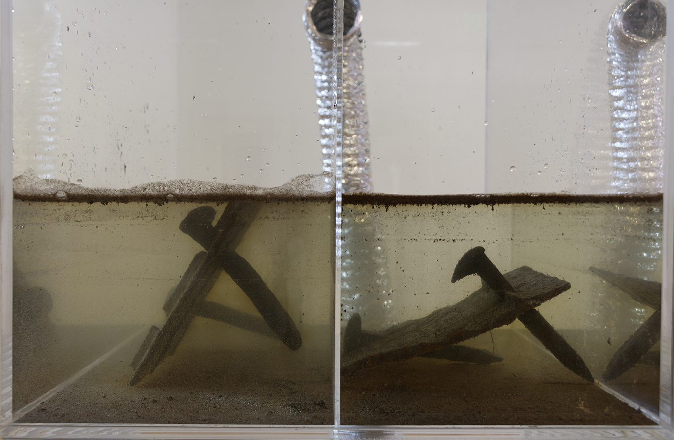 detail: plexiglas, artifacts from Sinclair Meatpacking Plant, sulfuric acid.