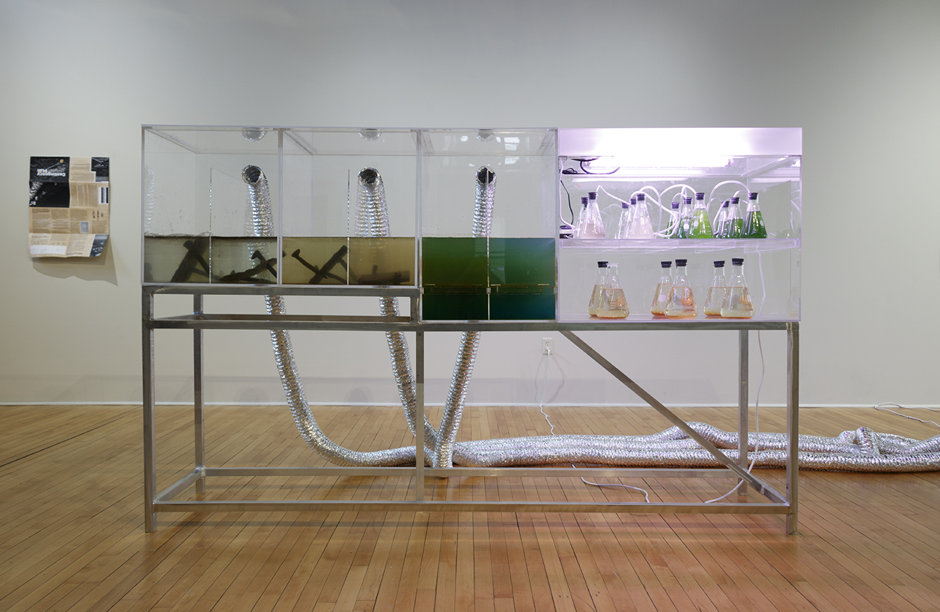 Contingency Plan, artifacts (Sinclair Meatpacking Plant), plexiglas, aluminum, glass, grow-lights, sulfuric acid, hydrochloric acid, copper sulphate, water samples (Cedar River), ventilation unit, 58"x95"x22", 2017.