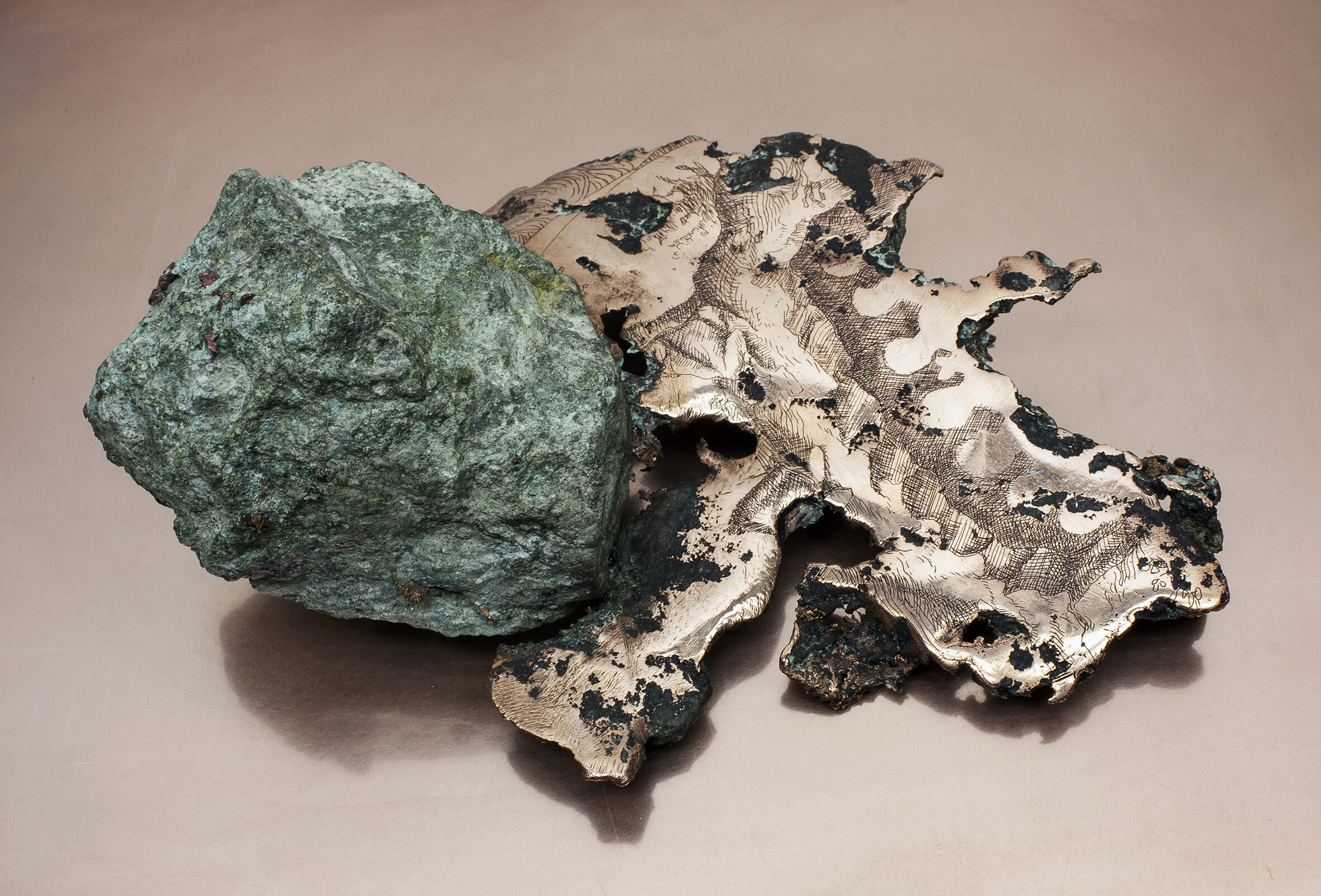 The formgiving forces enthroned on earth, while the growing metals make music in the cave (2019-2023) In 2019, I excavated these “float copper” fragments from the tailing piles of North America’s oldest copper mines in the Keweenaw Peninsula, Mi