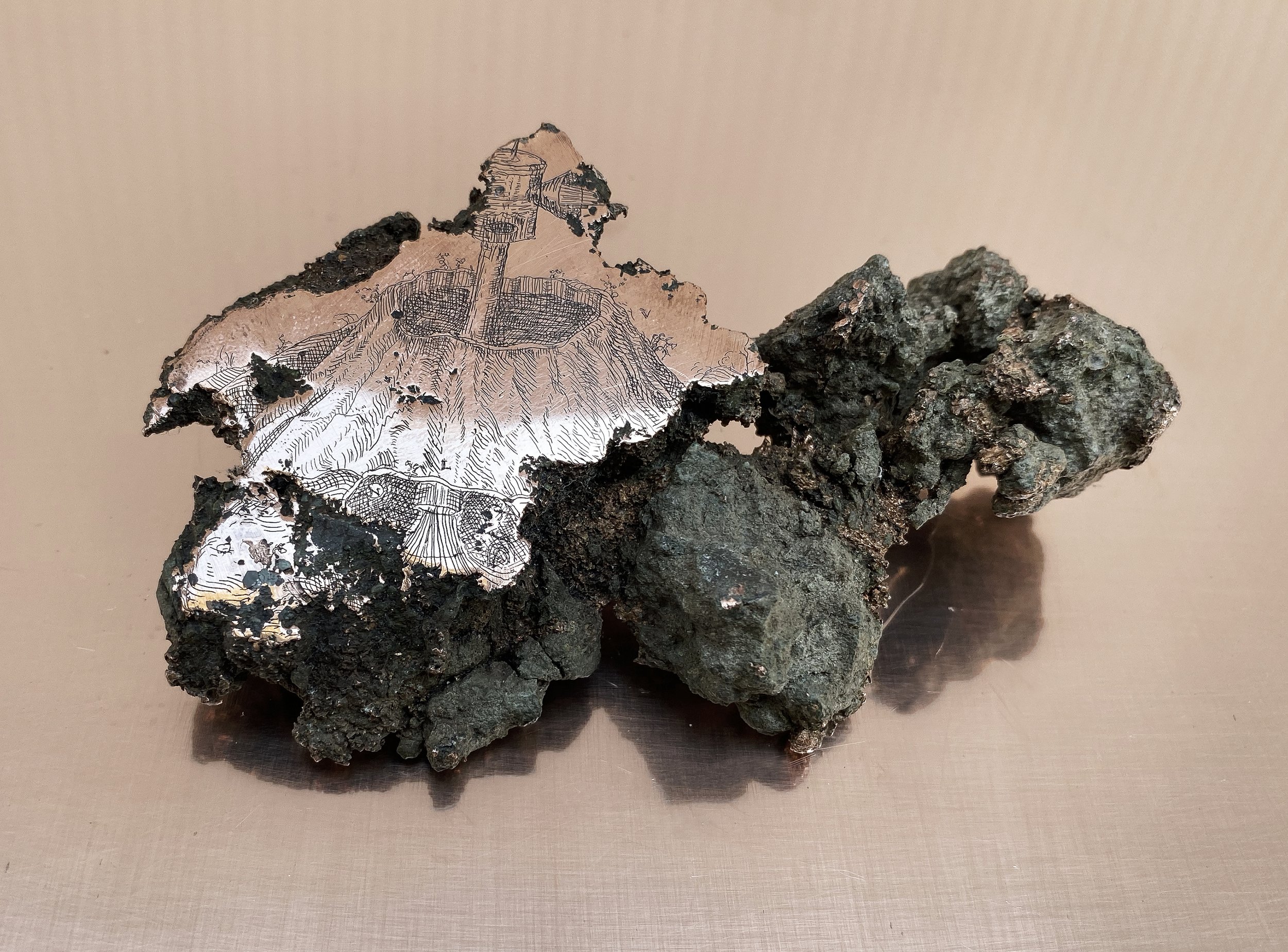 The formgiving forces enthroned on earth, while the growing metals make music in the cave (sample No. 4) , polished and etched float copper (excavated from tailing piles at Cliff Mines, Keweenaw Peninsula, MI), 2020.