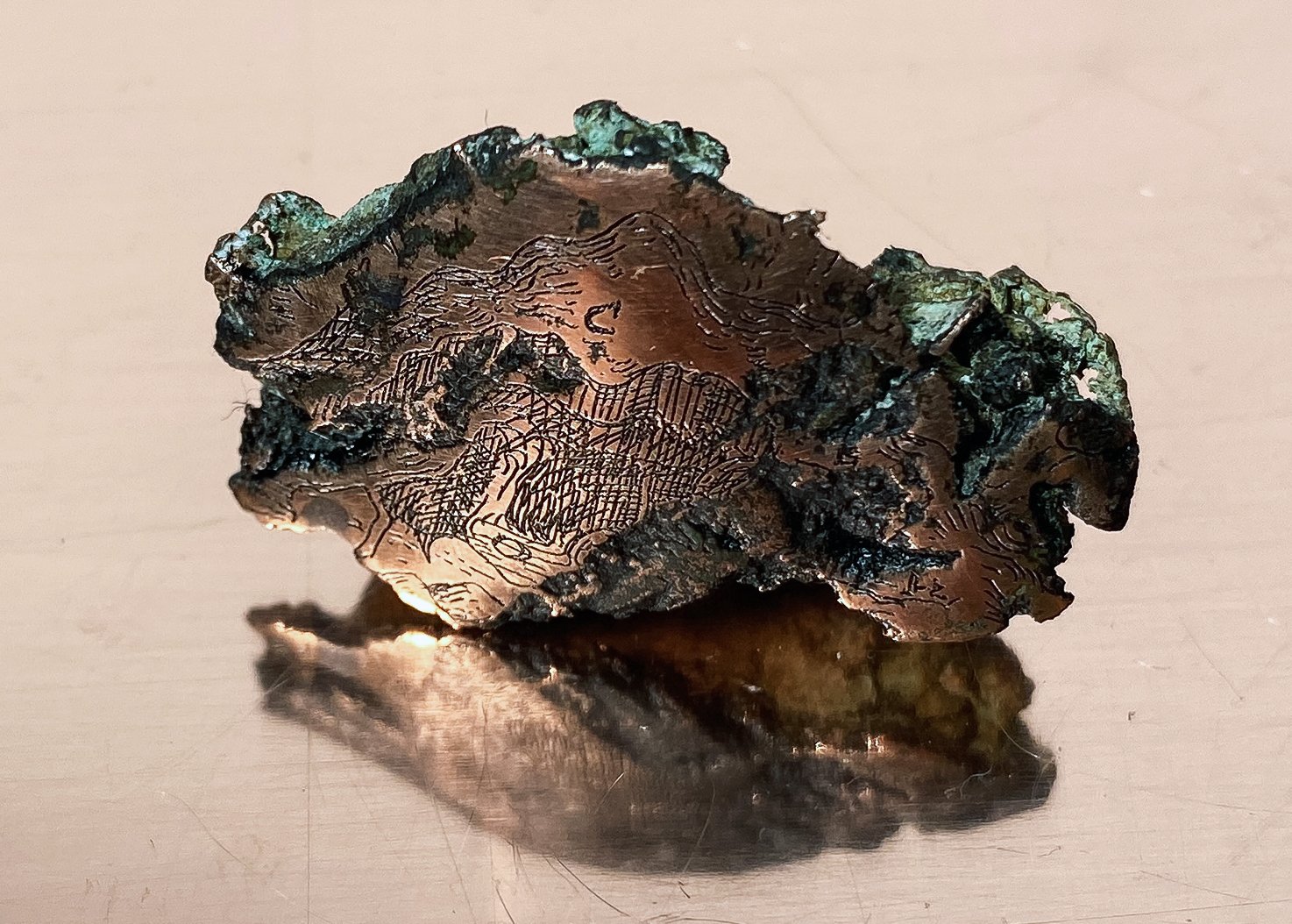 The formgiving forces enthroned on earth, while the growing metals make music in the cave (sample no. 5), polished and etched float copper (excavated from Cliff Mine tailing piles, Keweenaw Peninsula), 2021.