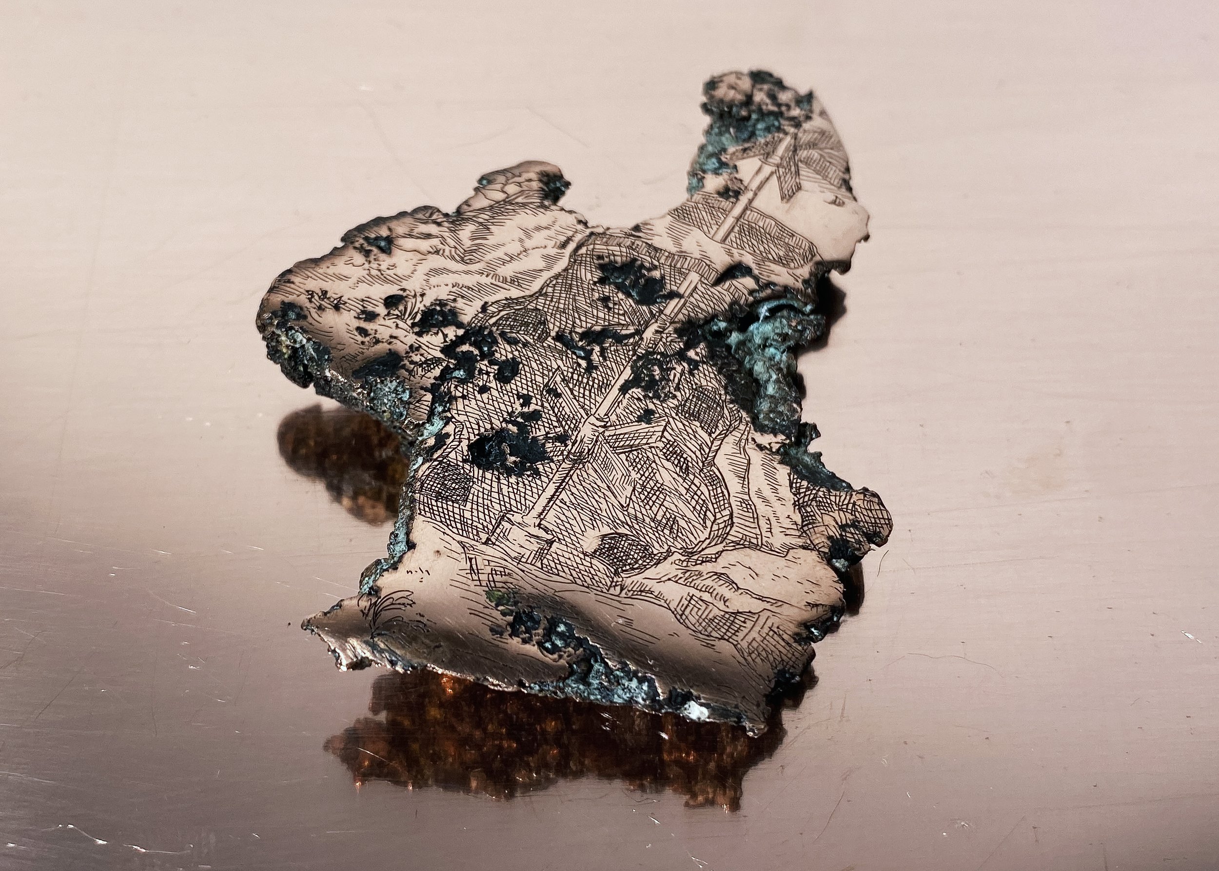 The formgiving forces enthroned on earth, while the growing metals make music in the cave (sample no. 15), polished and etched float copper (excavated from Cliff Mine tailing piles, Keweenaw Peninsula), 2022.