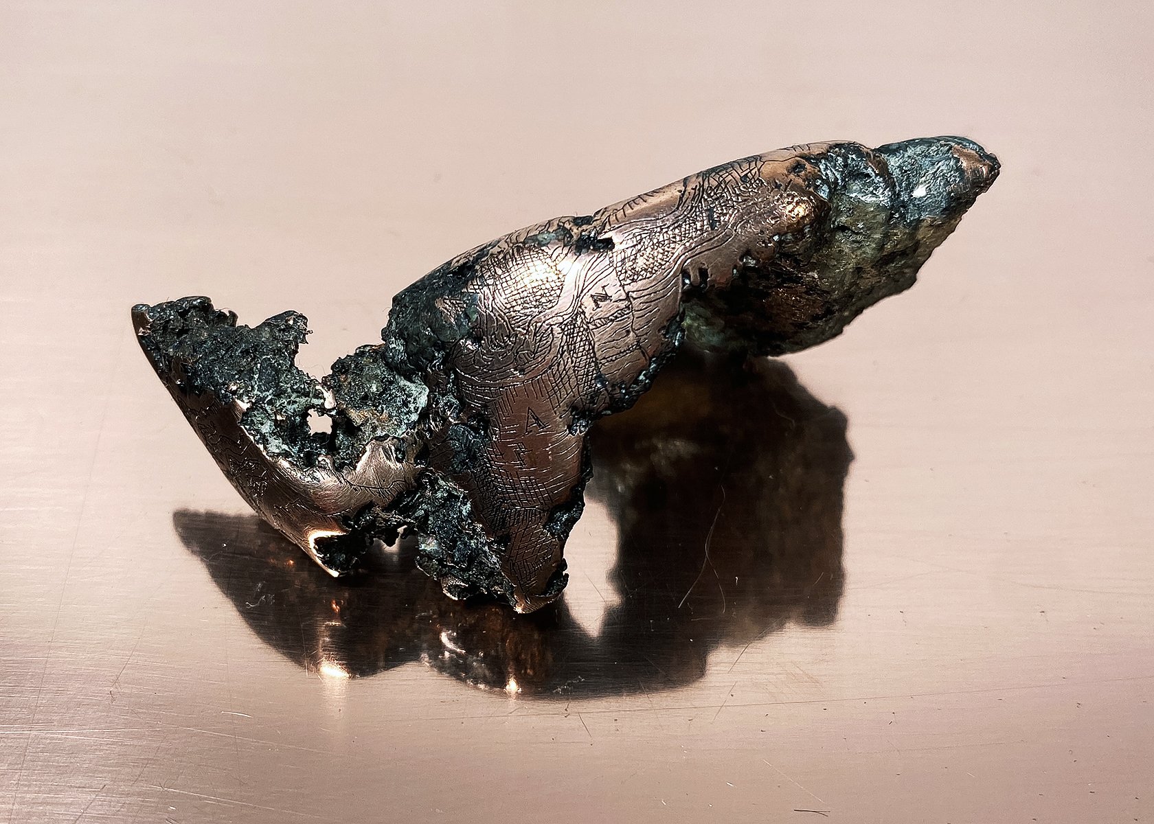 The formgiving forces enthroned on earth, while the growing metals make music in the cave (sample no. 13), polished and etched float copper (excavated from Cliff Mine tailing piles, Keweenaw Peninsula), 2022.
