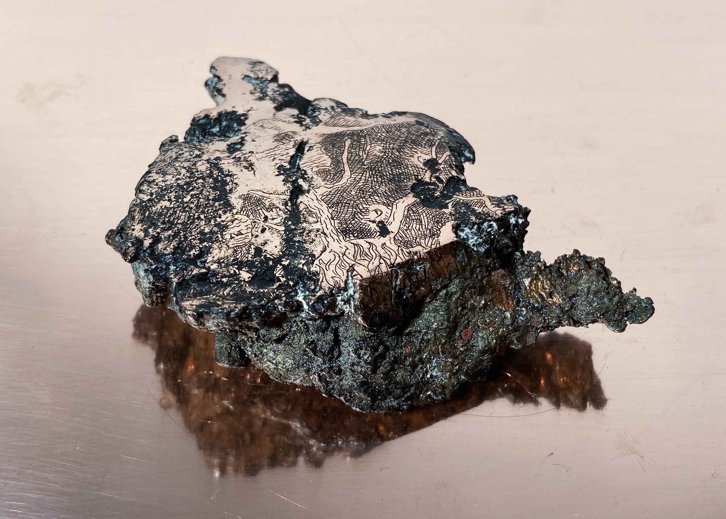 The formgiving forces enthroned on earth, while the growing metals make music in the cave (sample no. 2), polished and etched float copper (excavated from Cliff Mine tailing piles, Keweenaw Peninsula), 2020.