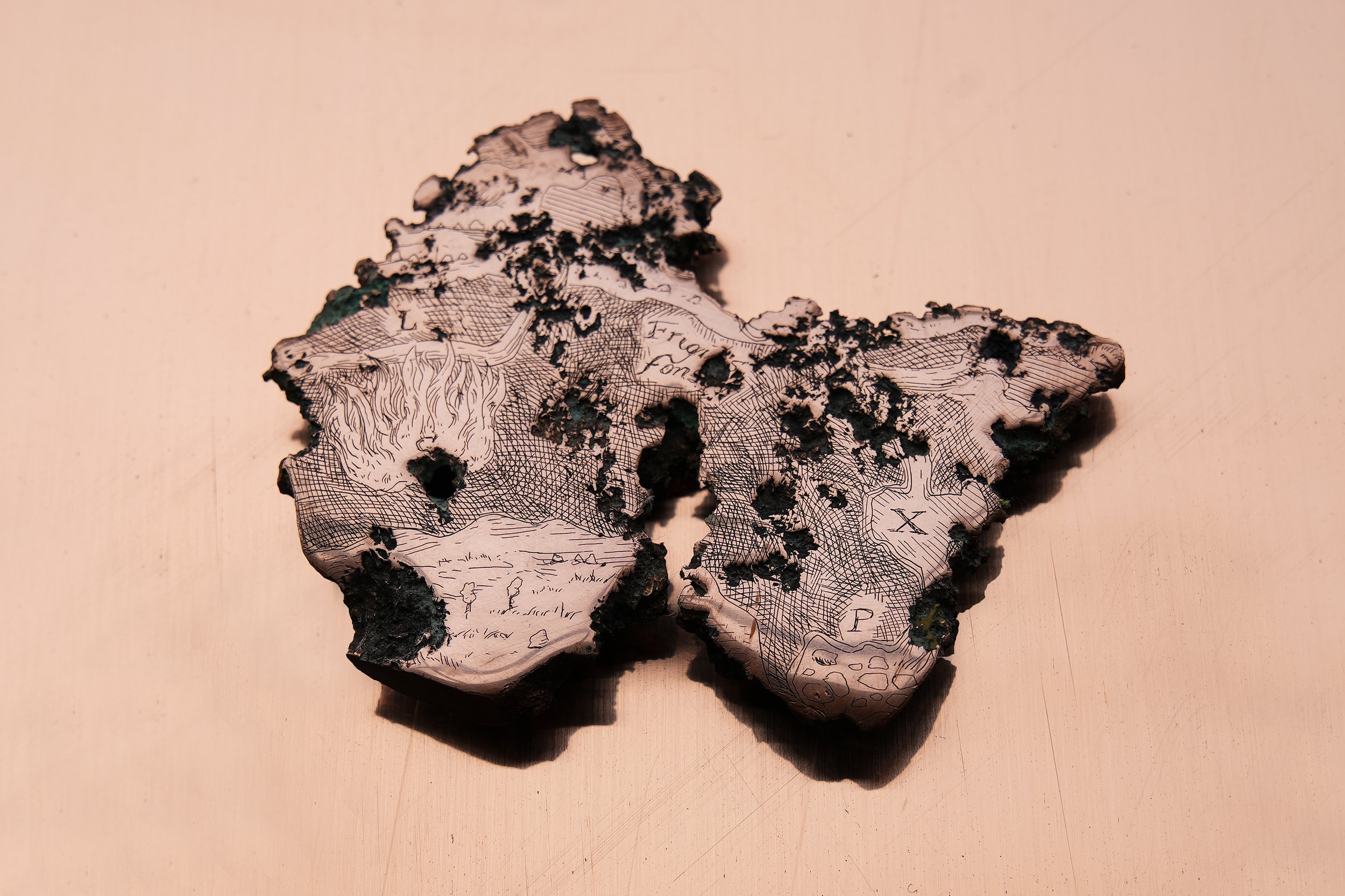 The formgiving forces enthroned on earth, while the growing metals make music in the cave (sample no. 16), polished and etched float copper (excavated from Cliff Mine tailing piles, Keweenaw Peninsula), 2023.