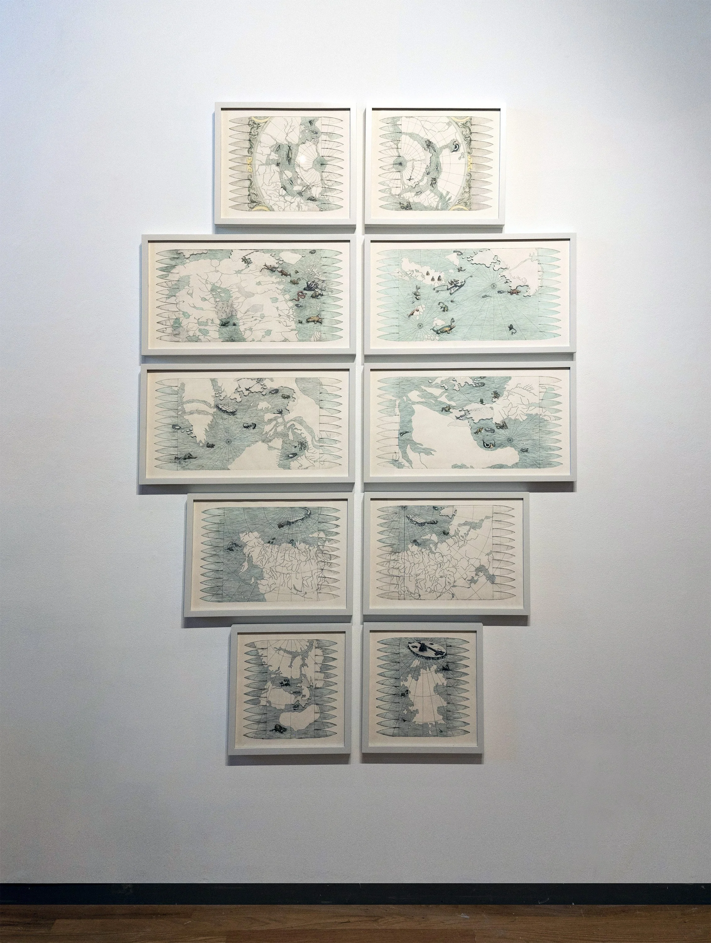   Operation Habbakuk  (Navigation Map) etching on paper, hand colored with ink, copper sulfate, iron sulfate, and ferric chloride, 2022.  Etchings were pulled from copper float system of  Operation Habbakuk  